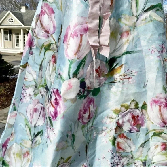 NWT Anthropologie Theia V Neck Crepe Bodice Maxi Dress Short Sleeve White Floral - Picture 7 of 16